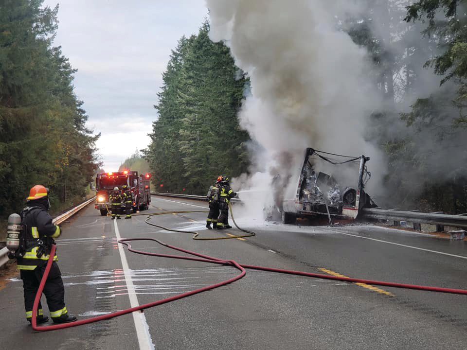Firefighters from Quilcene Fire Rescue and East Jefferson Fire Rescue extinguished a box truck fire that occurred around 5 p.m. Oct. 29 on State Route 104 near Sandy Shore Road. No one was injured in the blaze.